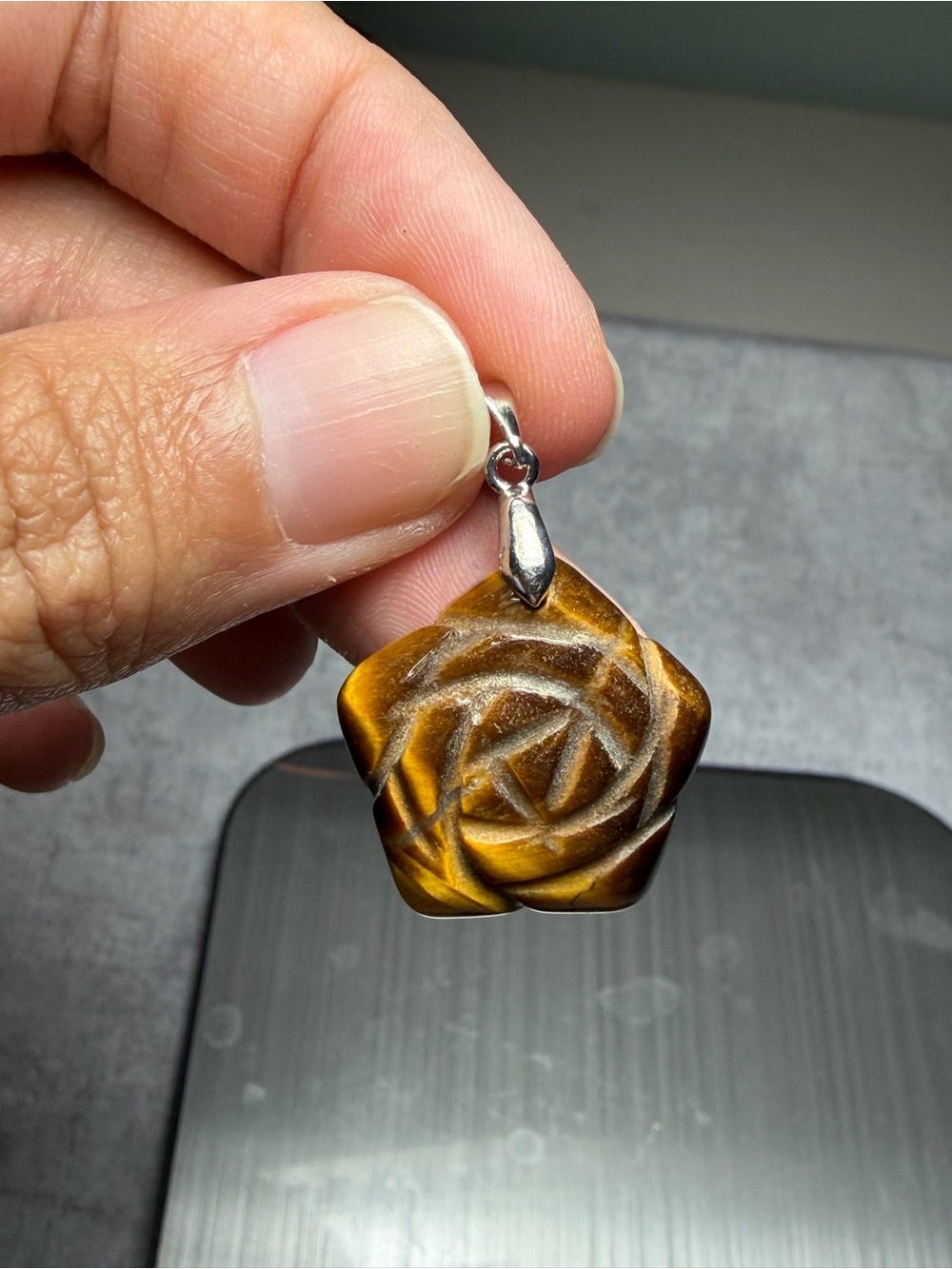 Sterling Silver Tiger's Eye Rose Pendant - Brown Gemstone Necklace Charm